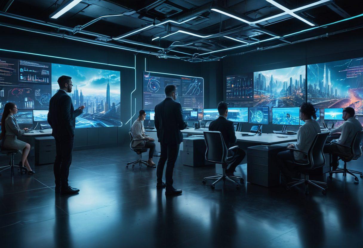 A futuristic office scene showcasing diverse professionals collaborating around high-tech digital interfaces and holographic displays. The environment is vibrant, featuring sleek gadgets, virtual reality headsets, and innovative software visuals. Elements of cutting-edge technology are integrated, such as AI integrations and cloud solutions. The atmosphere is dynamic, emphasizing teamwork and creativity. super-realistic. cyberpunk. vibrant colors.