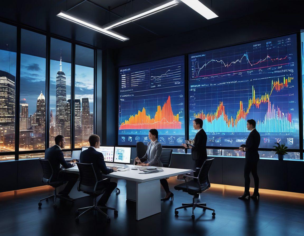 A sleek, modern office scene featuring a diverse group of professionals collaborating over a digital interface, showcasing data analytics, charts, and futuristic technology. Elements of team synergy illustrated with energy lines and upward arrows representing growth. The background includes dynamic cityscape elements symbolizing progress and innovation. super-realistic. vibrant colors. 3D.