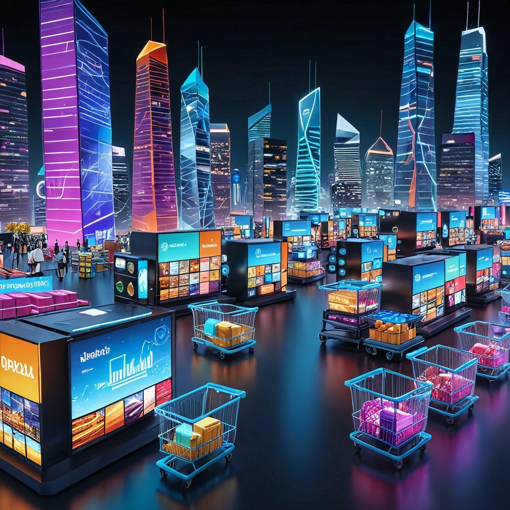 A modern, dynamic digital marketplace showcasing diverse e-commerce elements like shopping carts, digital payment icons, and vibrant product displays. Include a futuristic skyline representing innovation and progress, intertwining with computer code flowing in the background. The scene should convey energy, success, and the essence of digital transformation. super-realistic. vibrant colors. 3D.